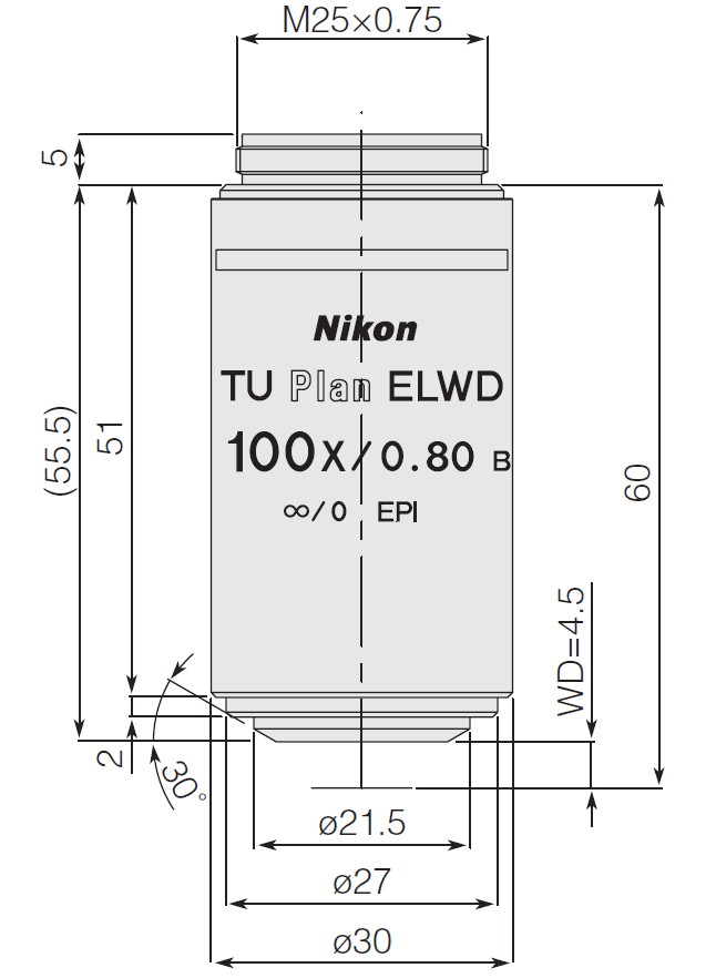 Nikon CFI TU Plan ELWD 100x Reflected Light Objective (NA 0.80, Infinity)